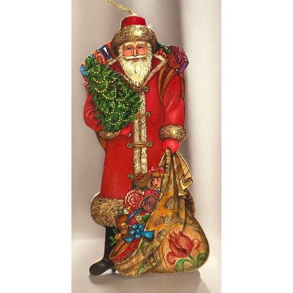Vintage Victorian Santa Christmas Tree Ornament Wooden Flat Holiday Decoration - Picture 1 of 6